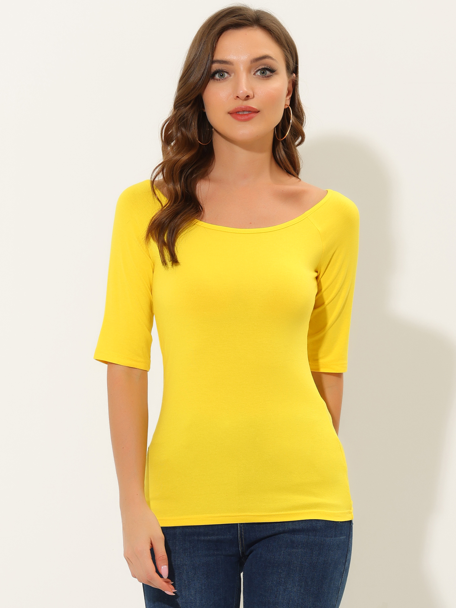 Scoop Neck Half Sleeves Fitted Layering Soft T-Shirt Lemon Yellow/XS - Allegra K catalog