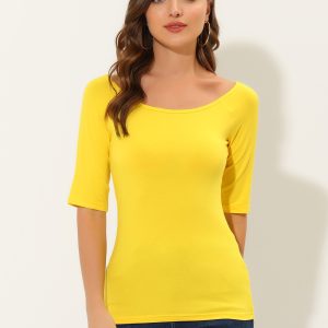 Scoop Neck Half Sleeves Fitted Layering Soft T-Shirt Lemon Yellow/XL - Allegra K catalog