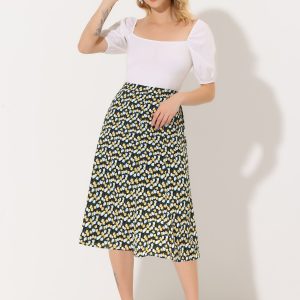 Floral Peasant Elastic Waist A-Line Ditsy Leave Midi Skirt Black Blue/XL - Allegra K catalog