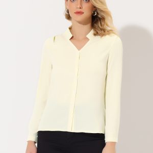 Work Office Blouse Button Up Long Sleeve V Neck Chiffon Shirt Beige/M - Allegra K catalog