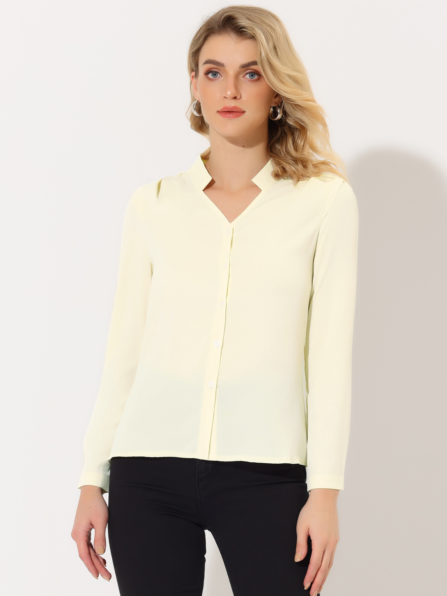 Work Office Blouse Button Up Long Sleeve V Neck Chiffon Shirt Beige/M - Allegra K catalog