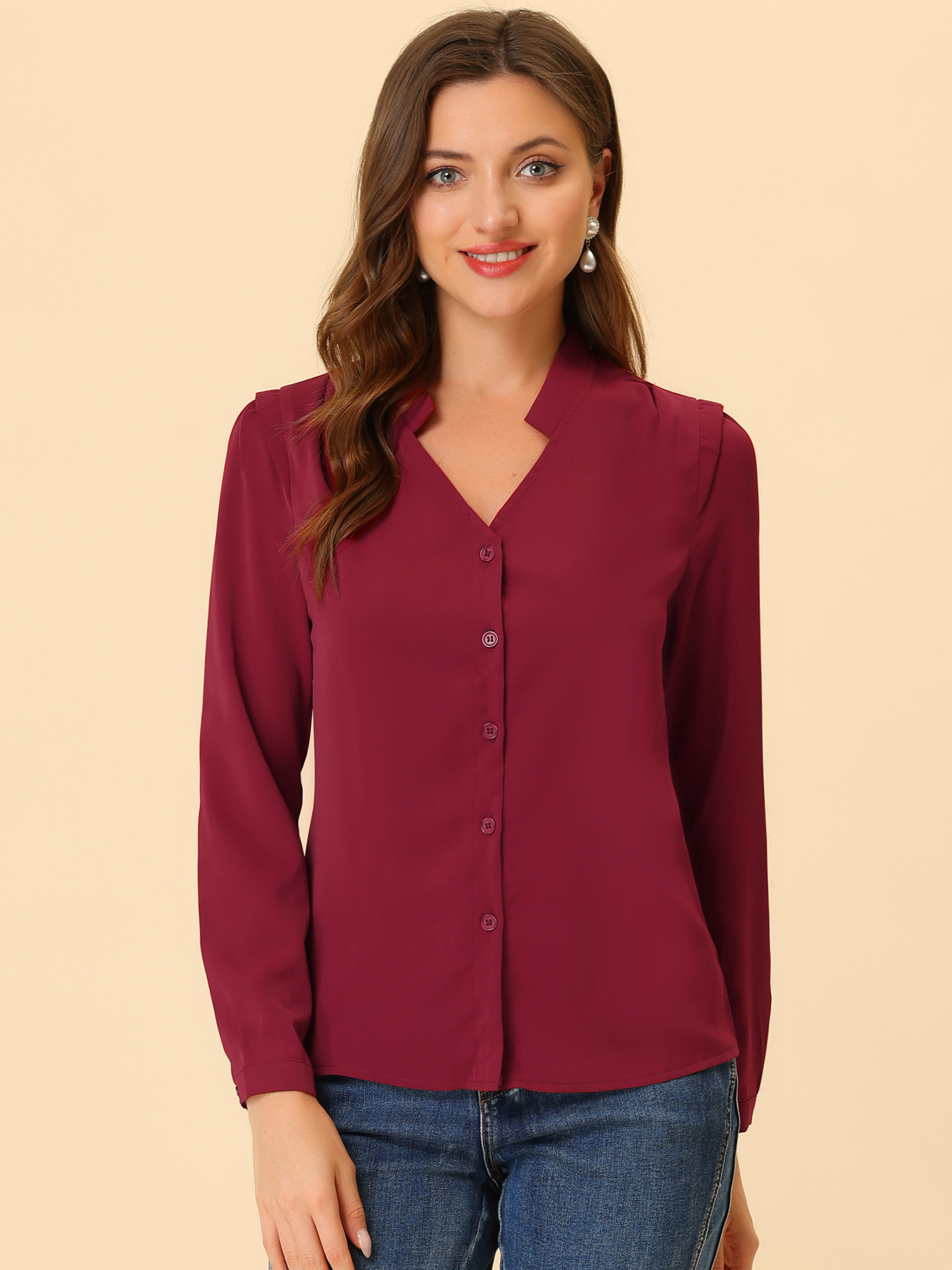 Work Office Blouse Button Up Long Sleeve V Neck Chiffon Shirt Wine Red/M - Allegra K catalog