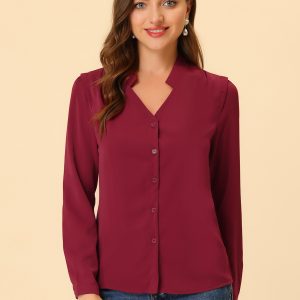 Work Office Blouse Button Up Long Sleeve V Neck Chiffon Shirt Wine Red/XL - Allegra K catalog