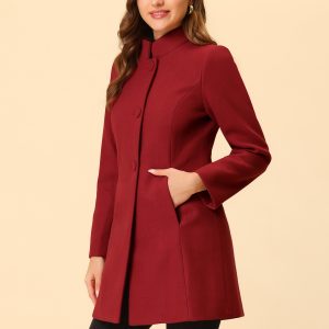 Stand Collar Single Breasted Solid Color Pea Coat Red/M - Allegra K catalog