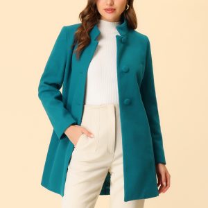 Stand Collar Single Breasted Solid Color Pea Coat Lake Blue/L - Allegra K catalog