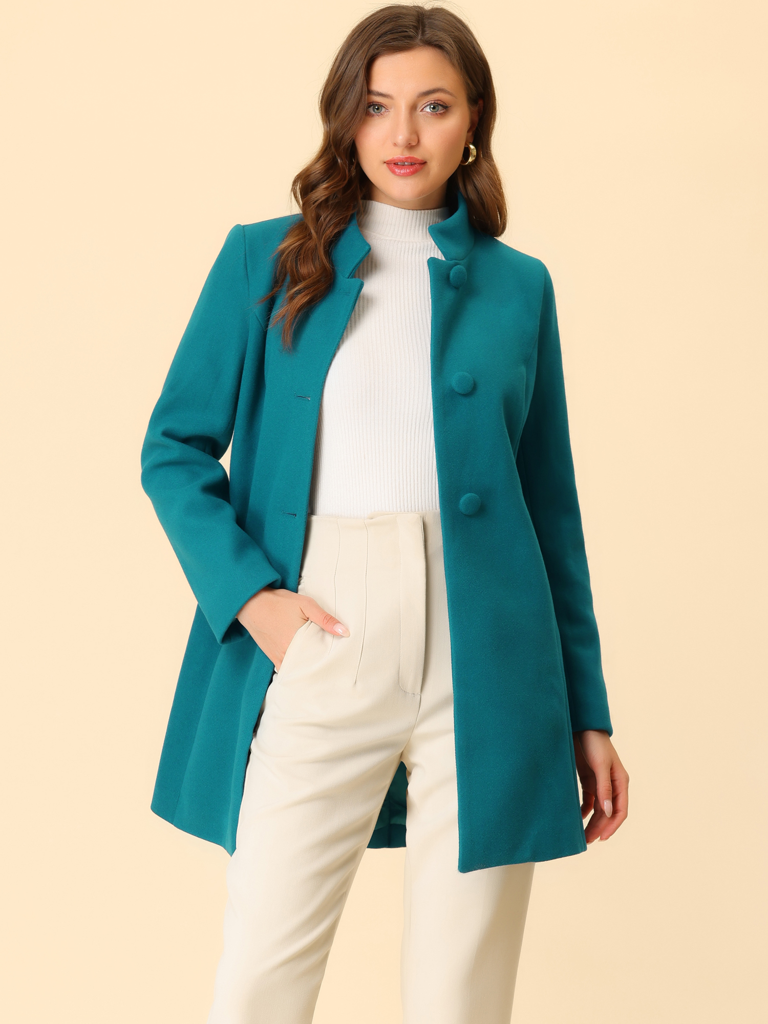 Stand Collar Single Breasted Solid Color Pea Coat Lake Blue/L - Allegra K catalog