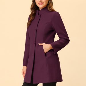 Stand Collar Single Breasted Solid Color Pea Coat Purplish Red/M - Allegra K catalog