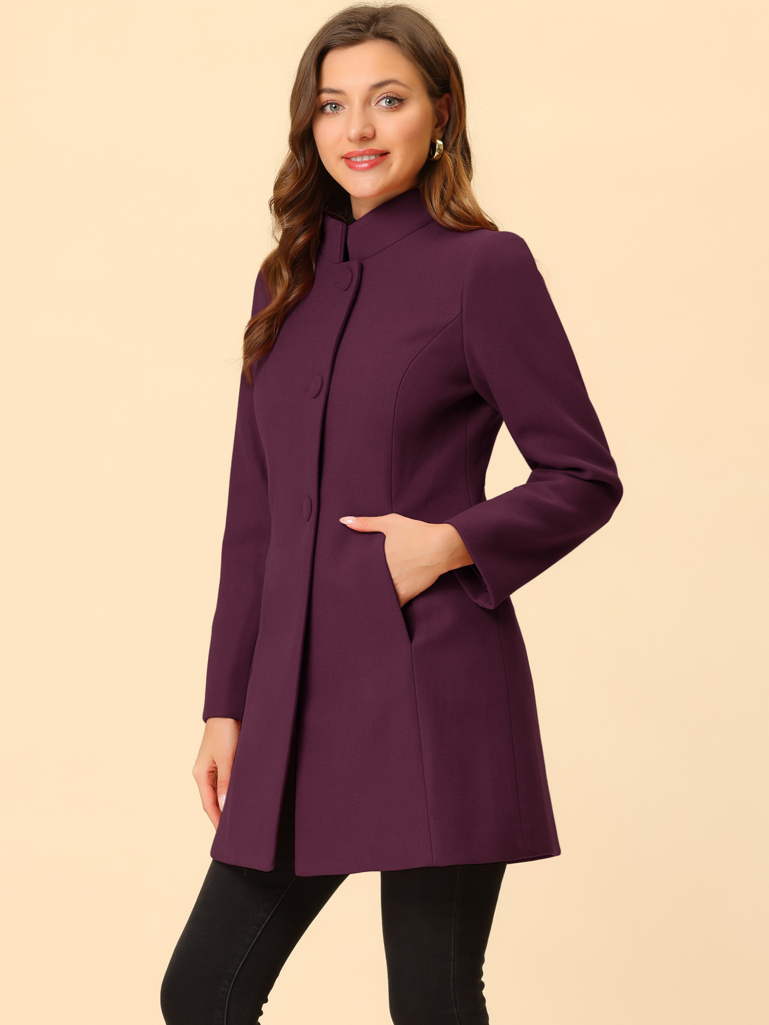 Stand Collar Single Breasted Solid Color Pea Coat Purplish Red/M - Allegra K catalog