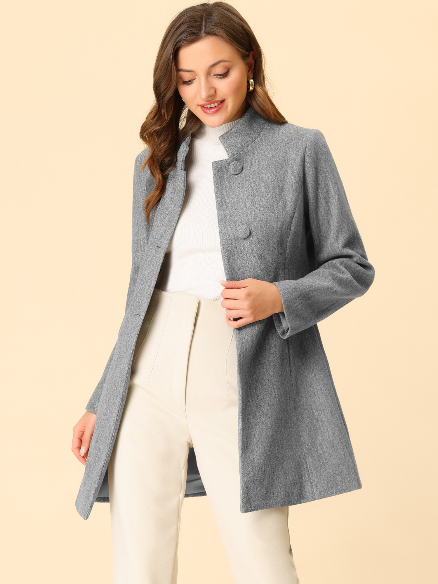 Mid-thigh Stand Collar Single Breasted Long Coat Grey/L - Allegra K catalog