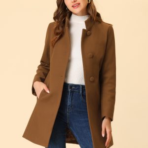 Stand Collar Single Breasted Solid Color Pea Coat Brown/S - Allegra K catalog