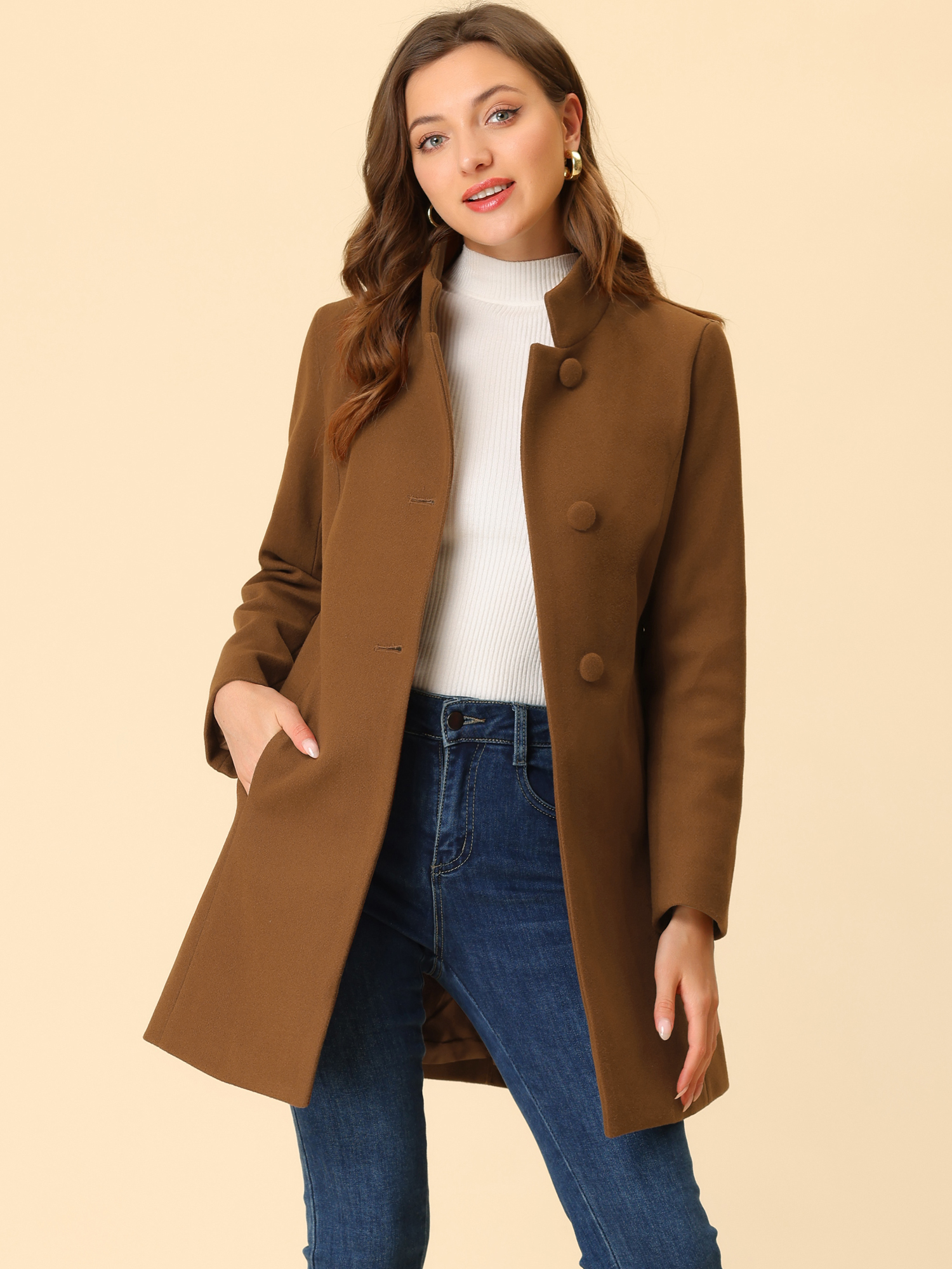 Stand Collar Single Breasted Solid Color Pea Coat Brown/XL - Allegra K catalog