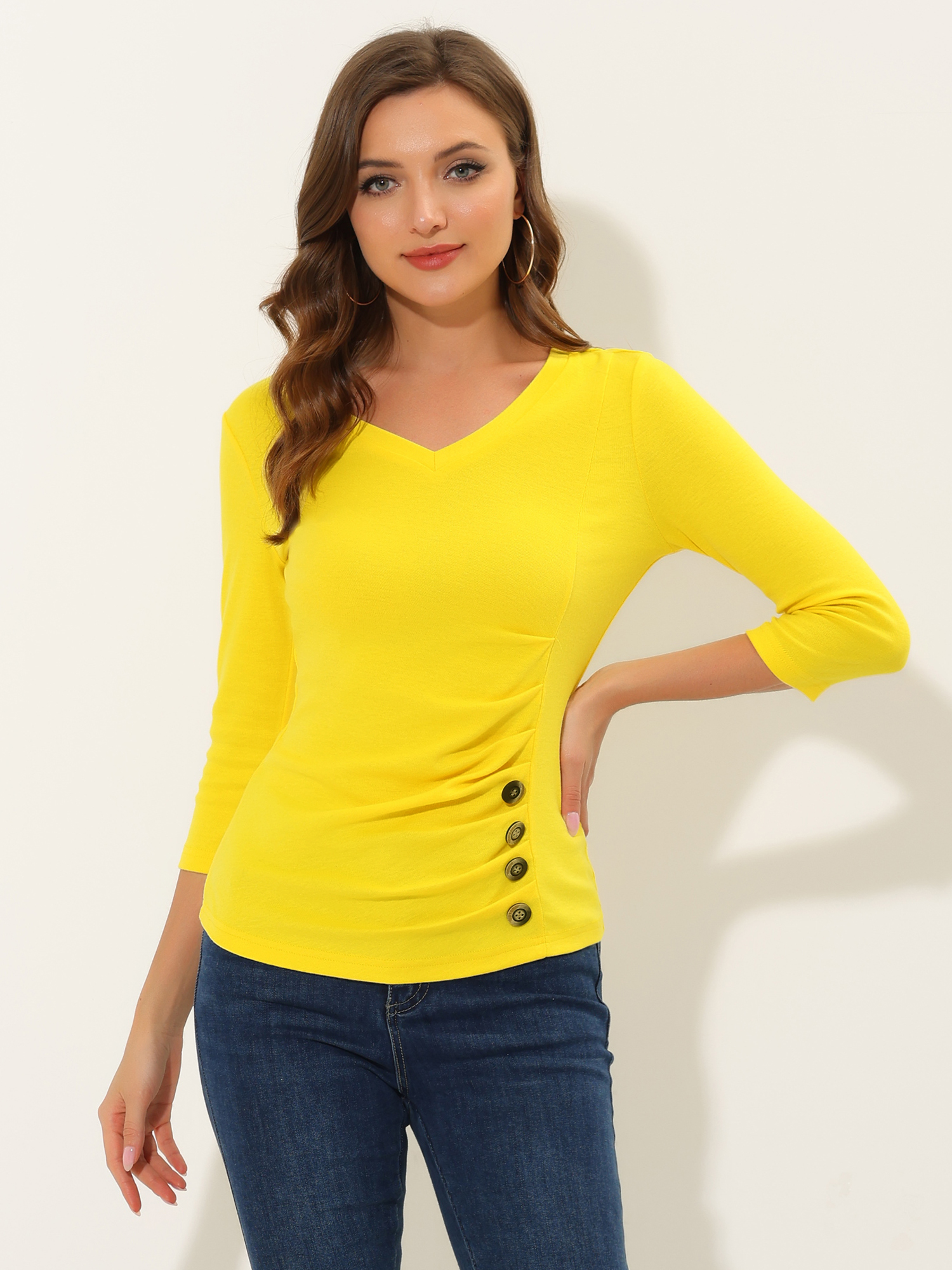 3/4 Sleeve Solid Knitted Button Decor Ruched Blouse Lemon Yellow/M - Allegra K catalog