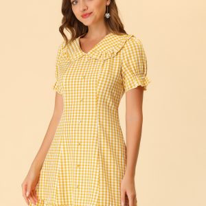 Gingham Checks Ruffled Peter Pan Collar 1960s Vintage Mini Dress Yellow/M - Allegra K catalog