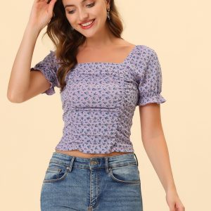 Smocked Crop Top Slim Fit Peasant Floral Blouse Purple/M - Allegra K catalog