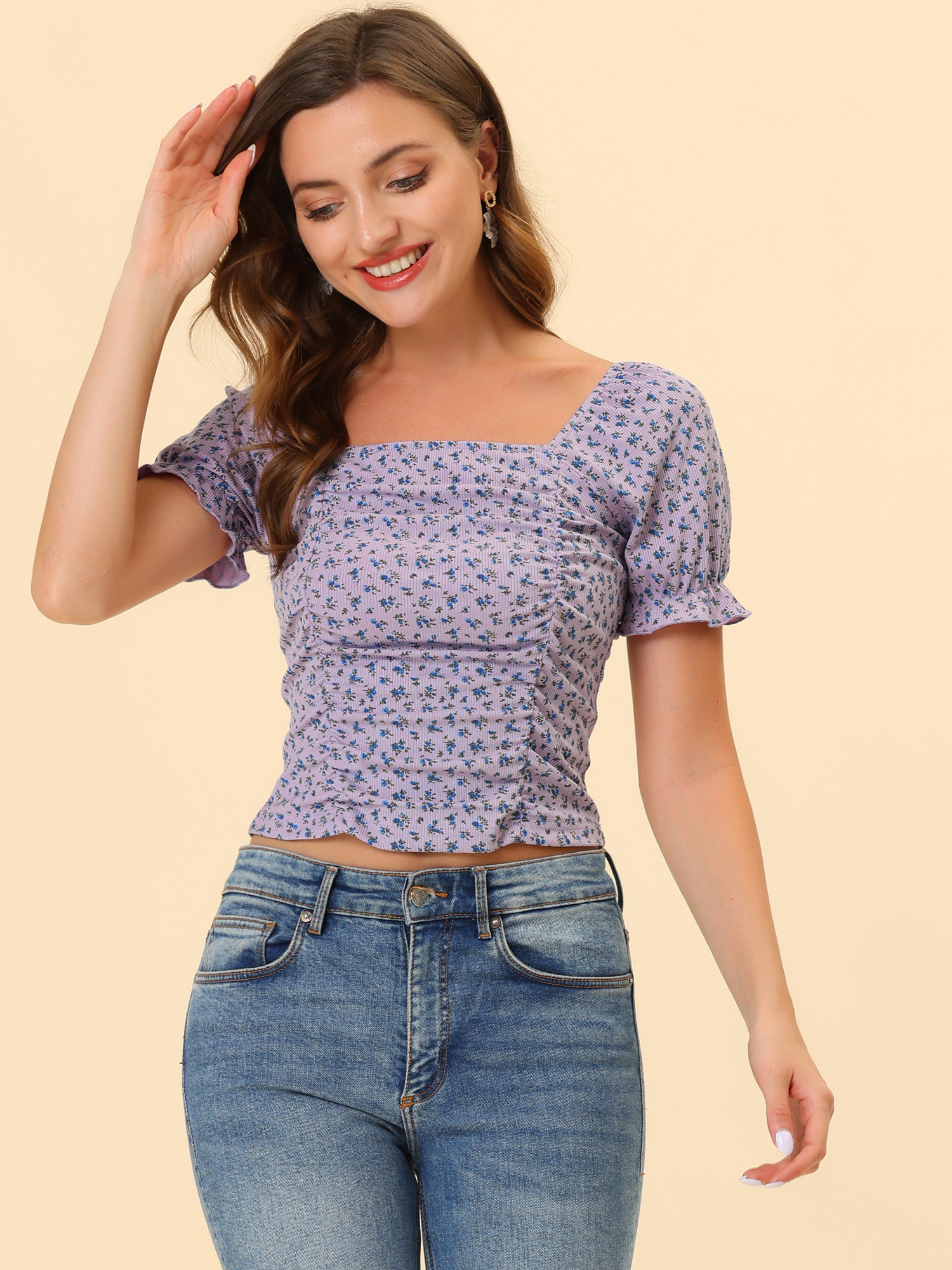 Smocked Crop Top Slim Fit Peasant Floral Blouse Purple/XL - Allegra K catalog