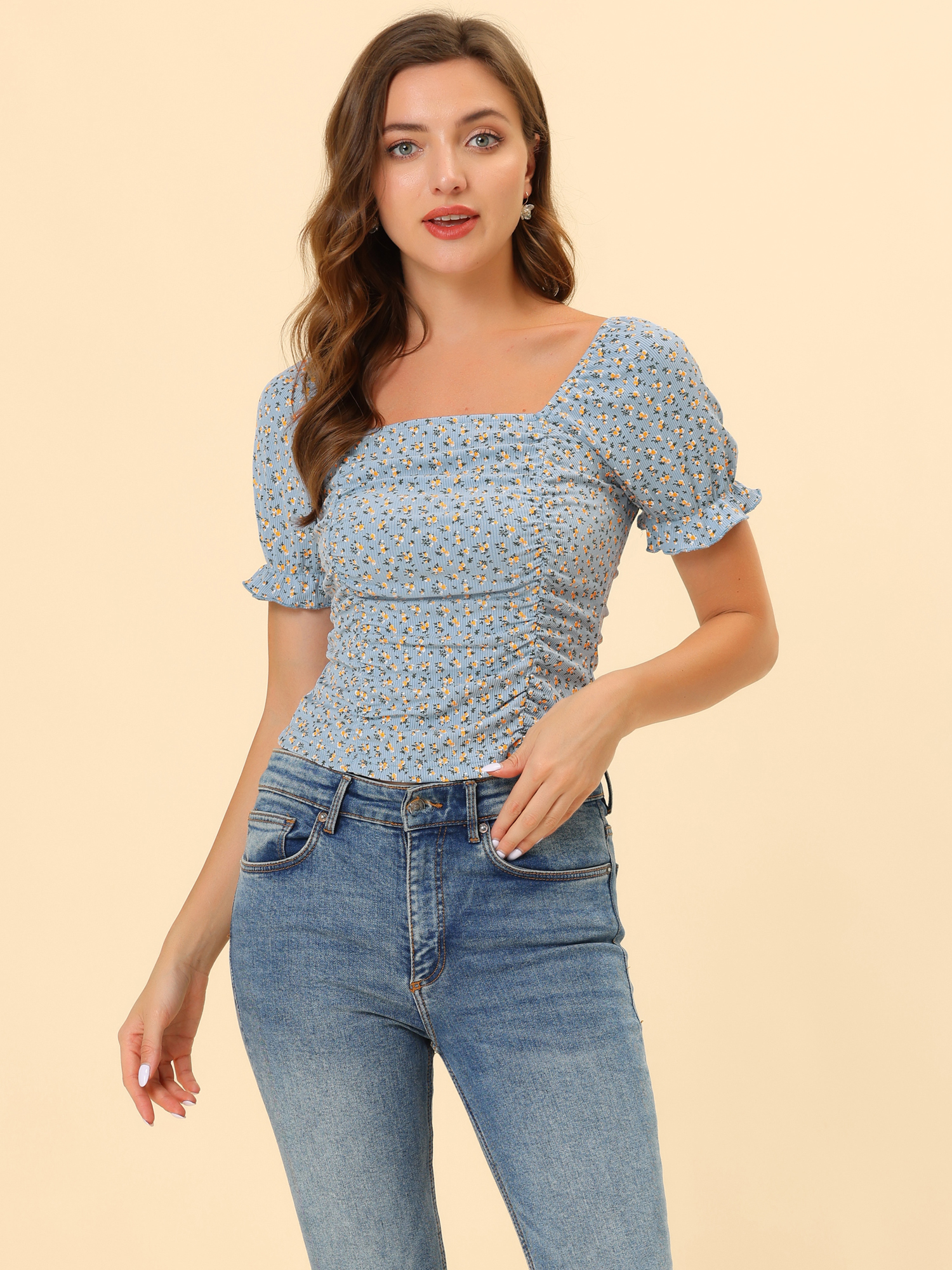 Smocked Crop Top Slim Fit Peasant Floral Blouse Blue/XS - Allegra K catalog