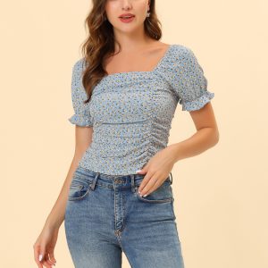 Smocked Crop Top Slim Fit Peasant Floral Blouse Blue/L - Allegra K catalog