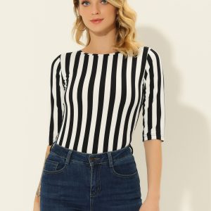 3/4 Sleeve Round Neck Casual Striped T-Shirt Black-Vertical Stripe/XL - Allegra K catalog