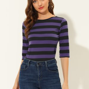 3/4 Sleeve Round Neck Casual Striped T-Shirt Black Purple/L - Allegra K catalog