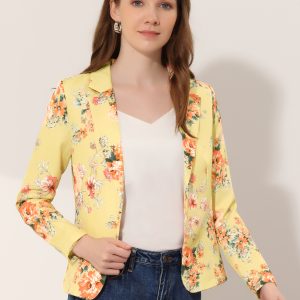 Open Front Notch Lapel Floral Business Casual Suit Blazer Yellow-Floral/S - Allegra K catalog