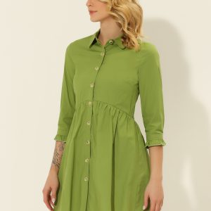 Casual Ruched 3/4 Sleeve Button Up Mini Shirt Dress Grass Green/M - Allegra K catalog