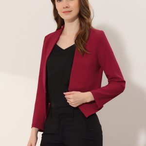 Solid Color Collarless Cropped Office Blazer Jacket Deep Red/L - Allegra K catalog