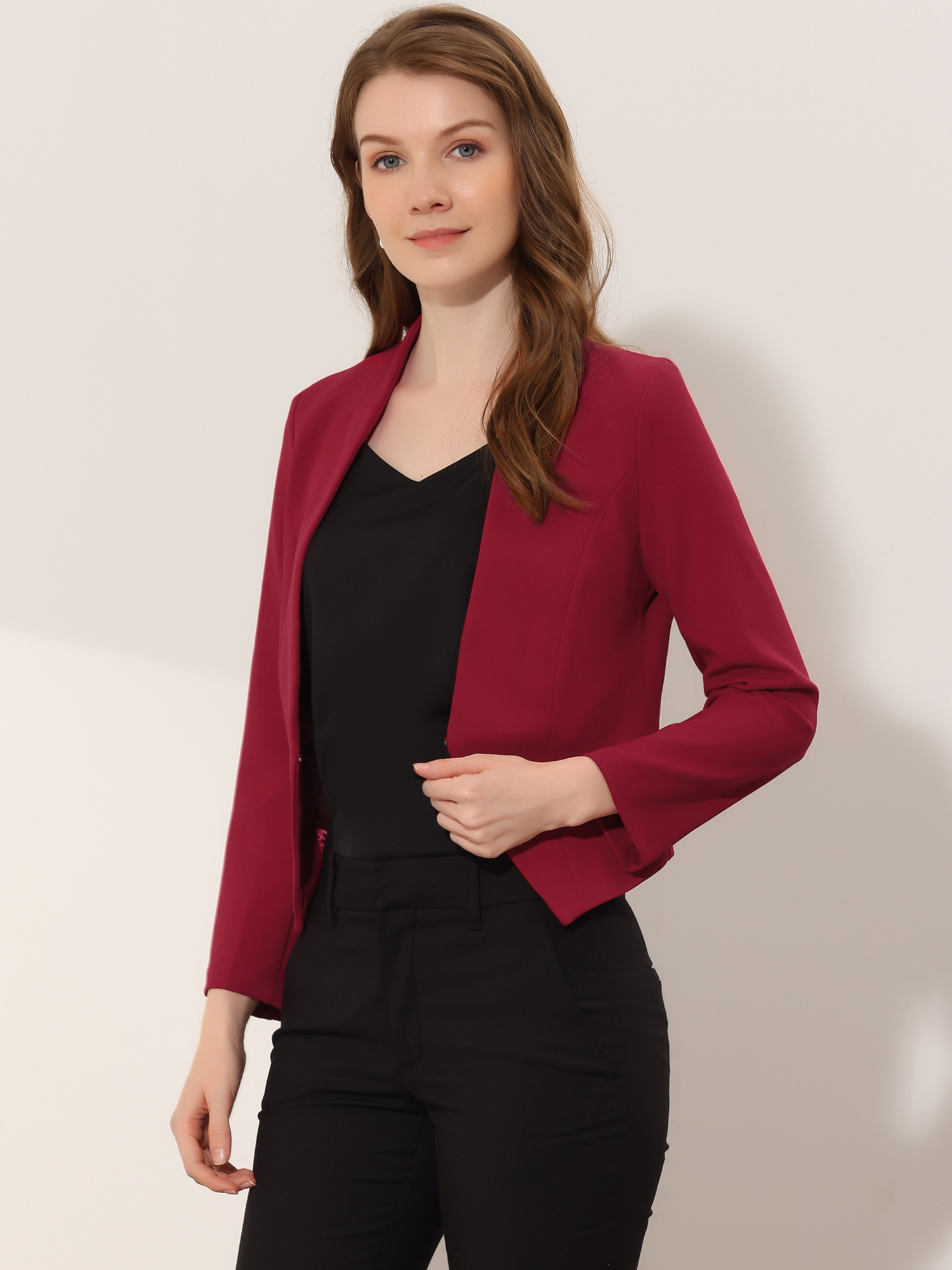 Solid Color Collarless Cropped Office Blazer Jacket Deep Red/L - Allegra K catalog