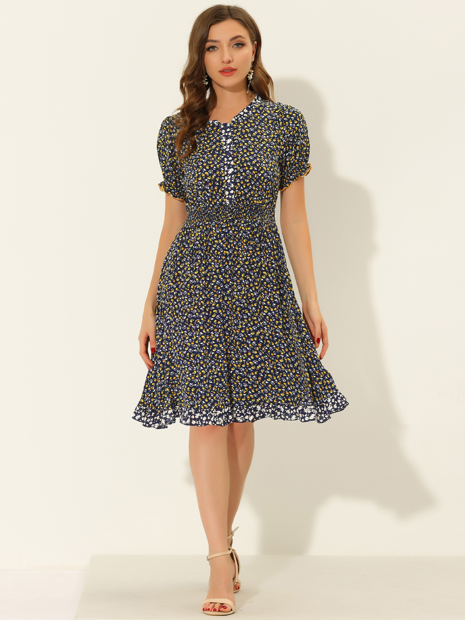 Floral Ruffle Neck Smocked Waist Short Sleeve Midi Dress Navy Blue/XS - Allegra K catalog