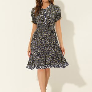 Floral Ruffle Neck Smocked Waist Short Sleeve Midi Dress Navy Blue/S - Allegra K catalog