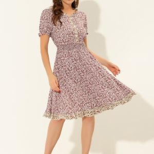 Floral Ruffle Neck Smocked Waist Short Sleeve Midi Dress Pink/M - Allegra K catalog