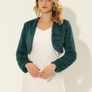Faux Fur Evening Open Front Bolero Cropped Jacket Shrug Dark Green/M - Allegra K catalog