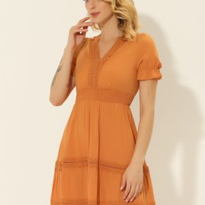 Boho Puff Sleeve V Neck Smocked Waist Ruffled Tiered Dress Orange/XL - Allegra K catalog