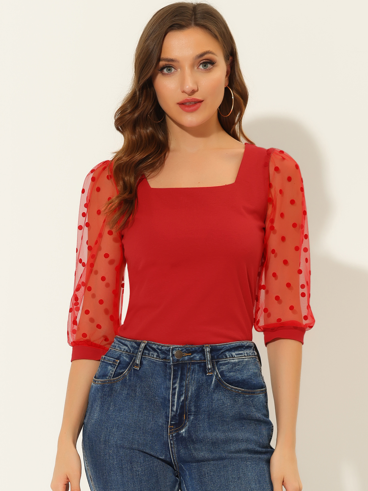 Retro Square Neck Tops Slim Fit Semi Sheer 3/4 Mesh Sleeve Top Red/M - Allegra K catalog