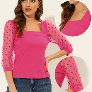 Retro Square Neck Tops Slim Fit Semi Sheer 3/4 Mesh Sleeve Top Hot Pink/L - Allegra K catalog