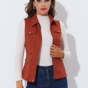 Zip Up Pockets Sleeveless Cargo Jacket Utility Vest Orange Red/S - Allegra K catalog