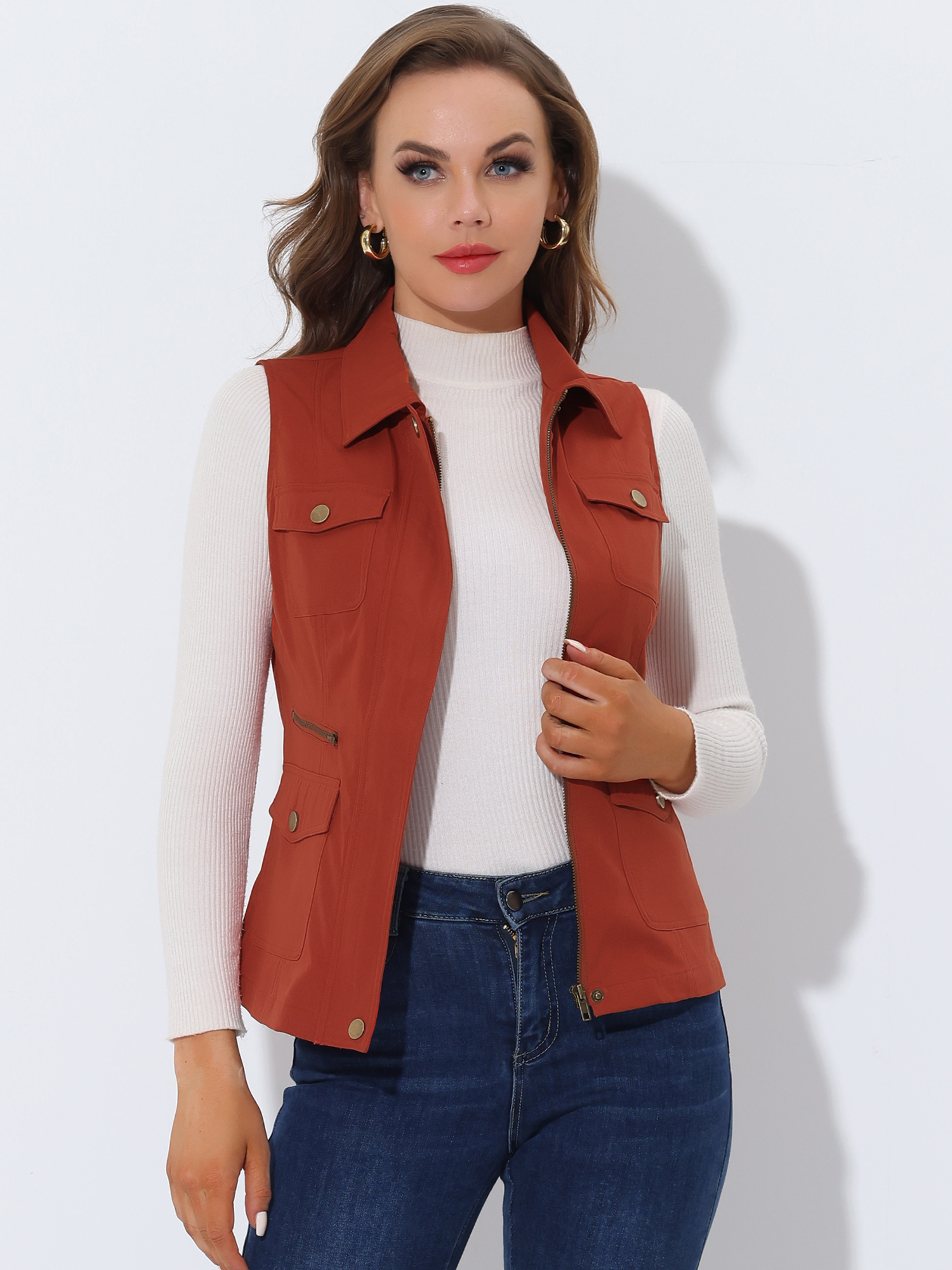 Zip Up Pockets Sleeveless Cargo Jacket Utility Vest Orange Red/S - Allegra K catalog