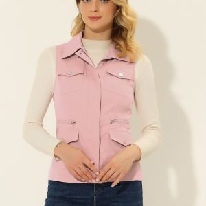 Zip Up Pockets Sleeveless Cargo Jacket Utility Vest Pink/S - Allegra K catalog