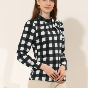 Bow Tie Neck Grid Checks Shirt Office Work Tops Blouse Blacks/M - Allegra K catalog