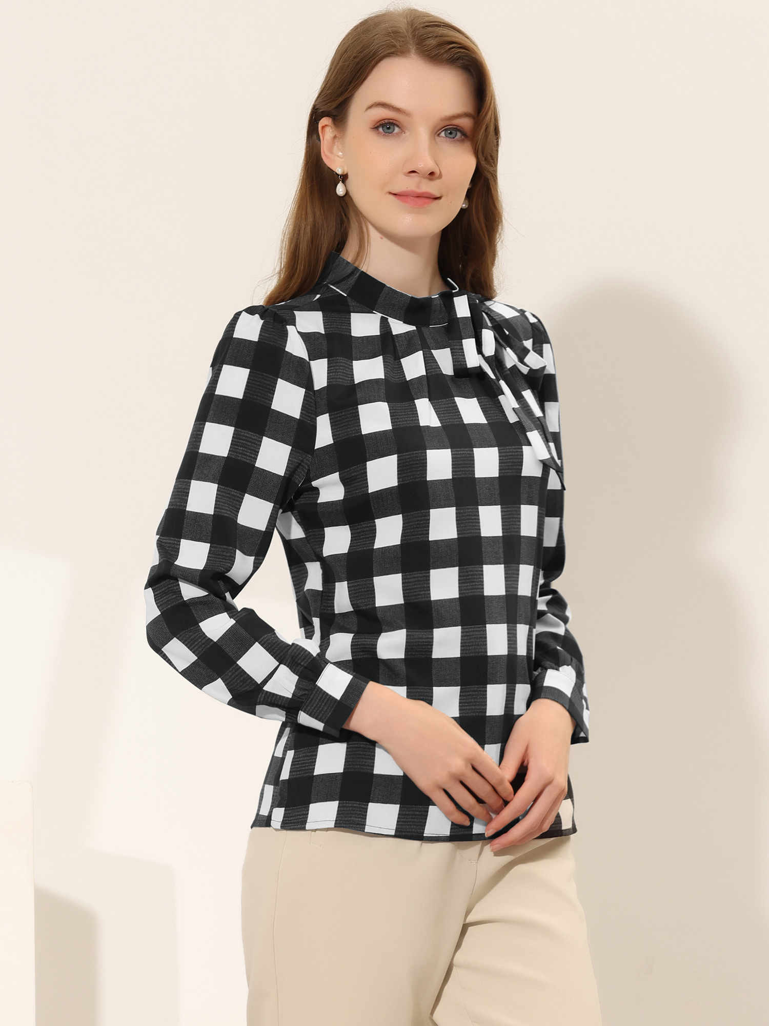 Bow Tie Neck Grid Checks Shirt Office Work Tops Blouse Blacks/XL - Allegra K catalog