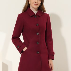 Winter Peter Pan Collar Mid-thigh A-line Single Breasted Pea Coat Burgundy/S - Allegra K catalog
