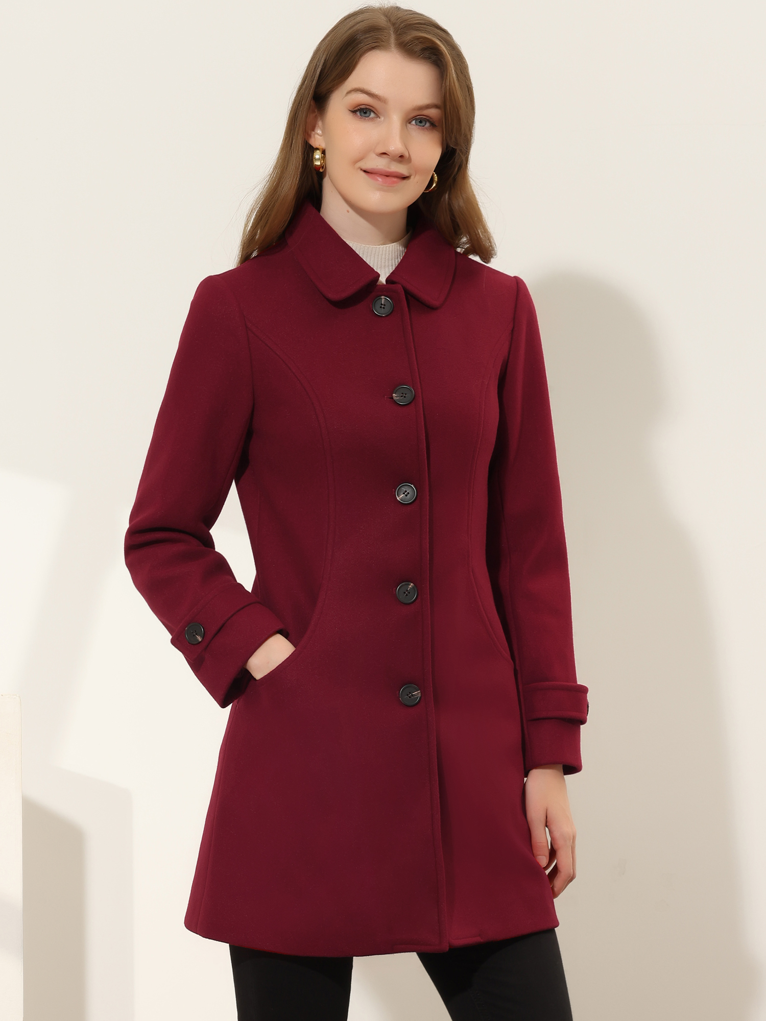 Winter Peter Pan Collar Mid-thigh A-line Single Breasted Pea Coat Burgundy/L - Allegra K catalog