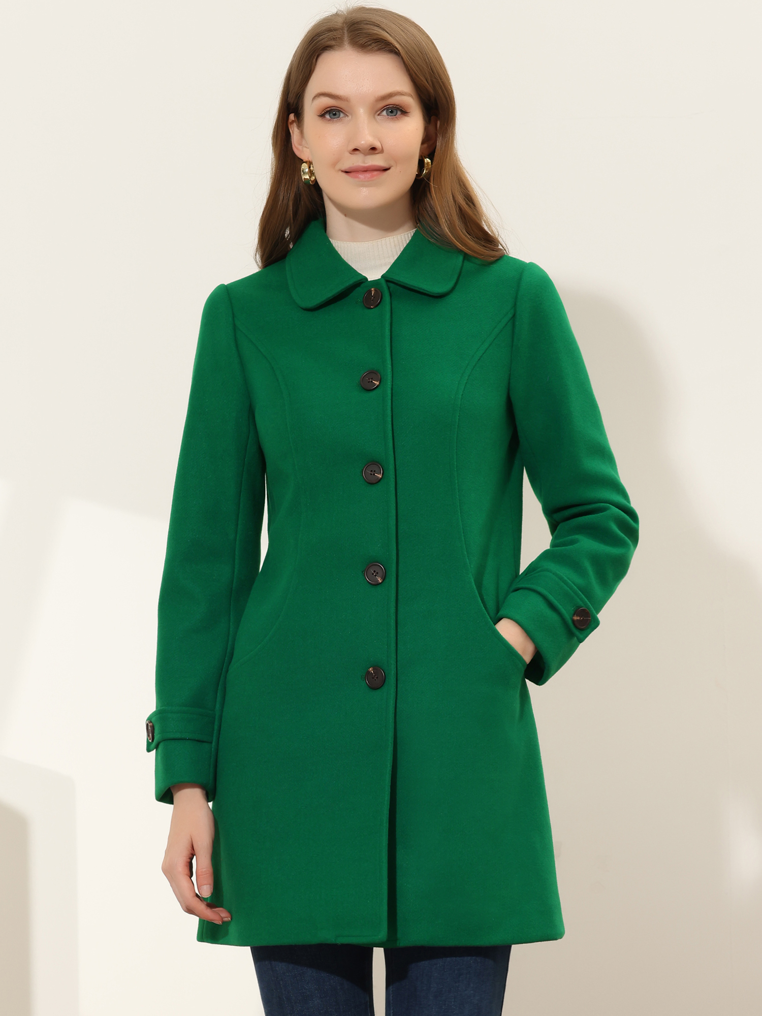 Winter Peter Pan Collar Mid-thigh A-line Single Breasted Pea Coat Green/XS - Allegra K catalog