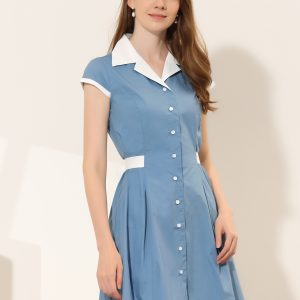 Retro Button Down Flat Collar Belted Office Mini Shirt Dress Grey Blue/XL - Allegra K catalog