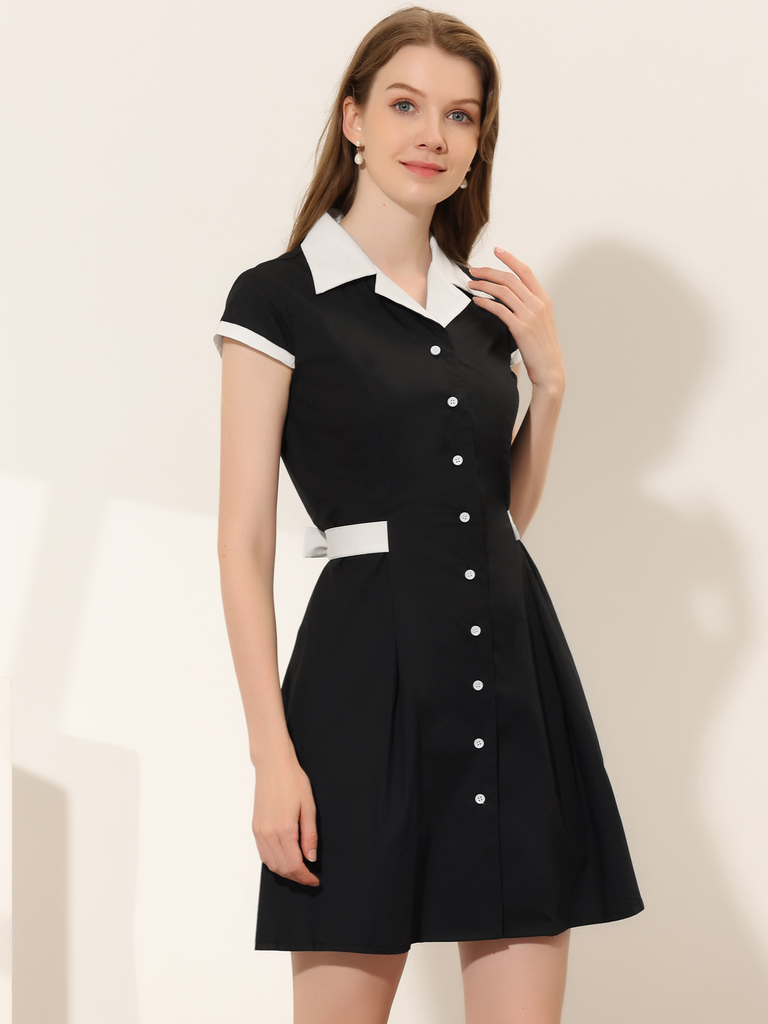 Retro Button Down Flat Collar Belted Office Mini Shirt Dress Black/XS - Allegra K catalog