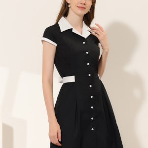 Retro Button Down Flat Collar Belted Office Mini Shirt Dress Black/XL - Allegra K catalog