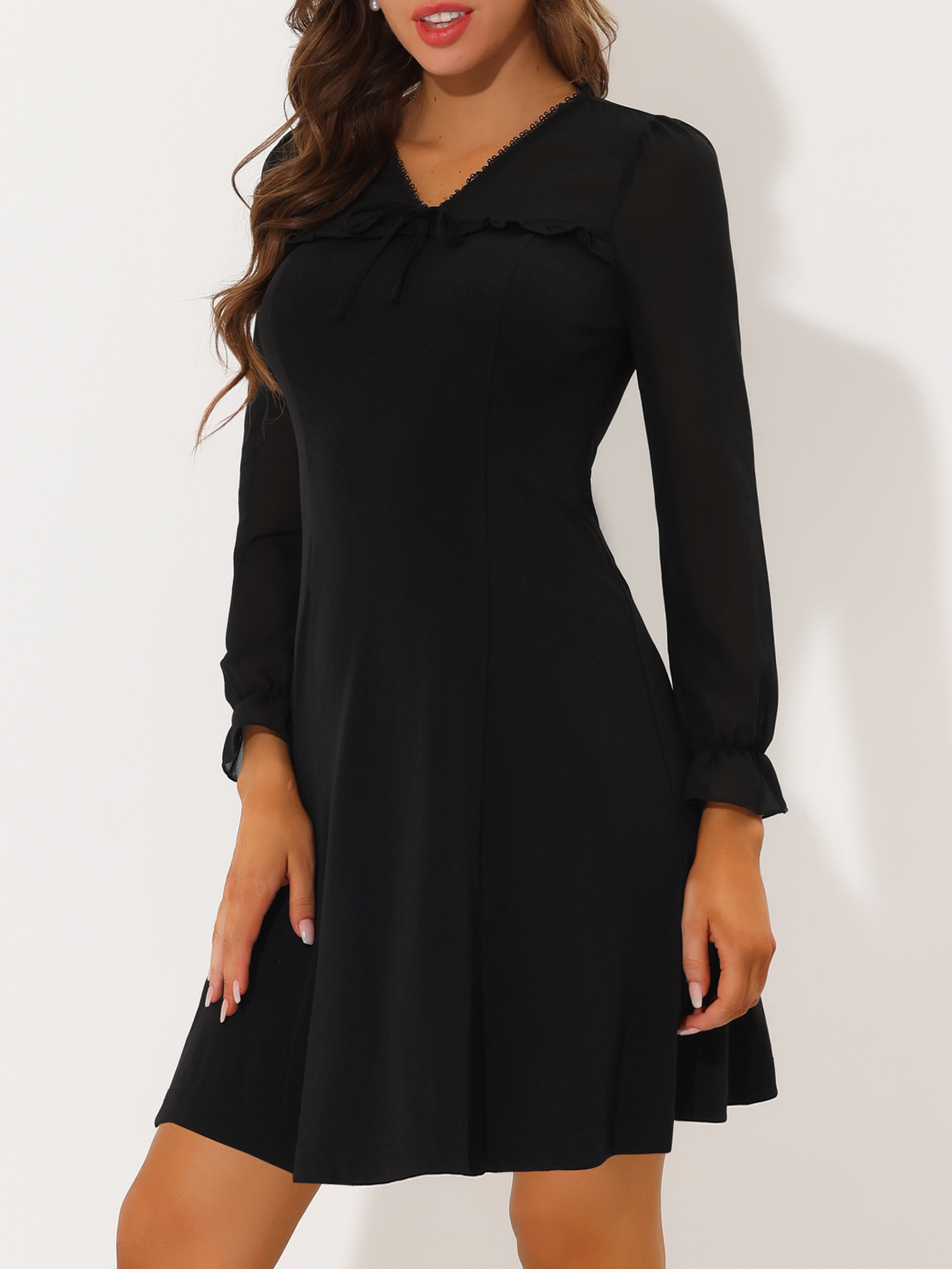 Ruffle V Neck Mesh Sheer Panel Long Sleeve Chiffon Mini Dress Black/M - Allegra K catalog
