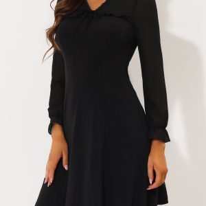 Ruffle V Neck Mesh Sheer Panel Long Sleeve Chiffon Mini Dress Black/L - Allegra K catalog