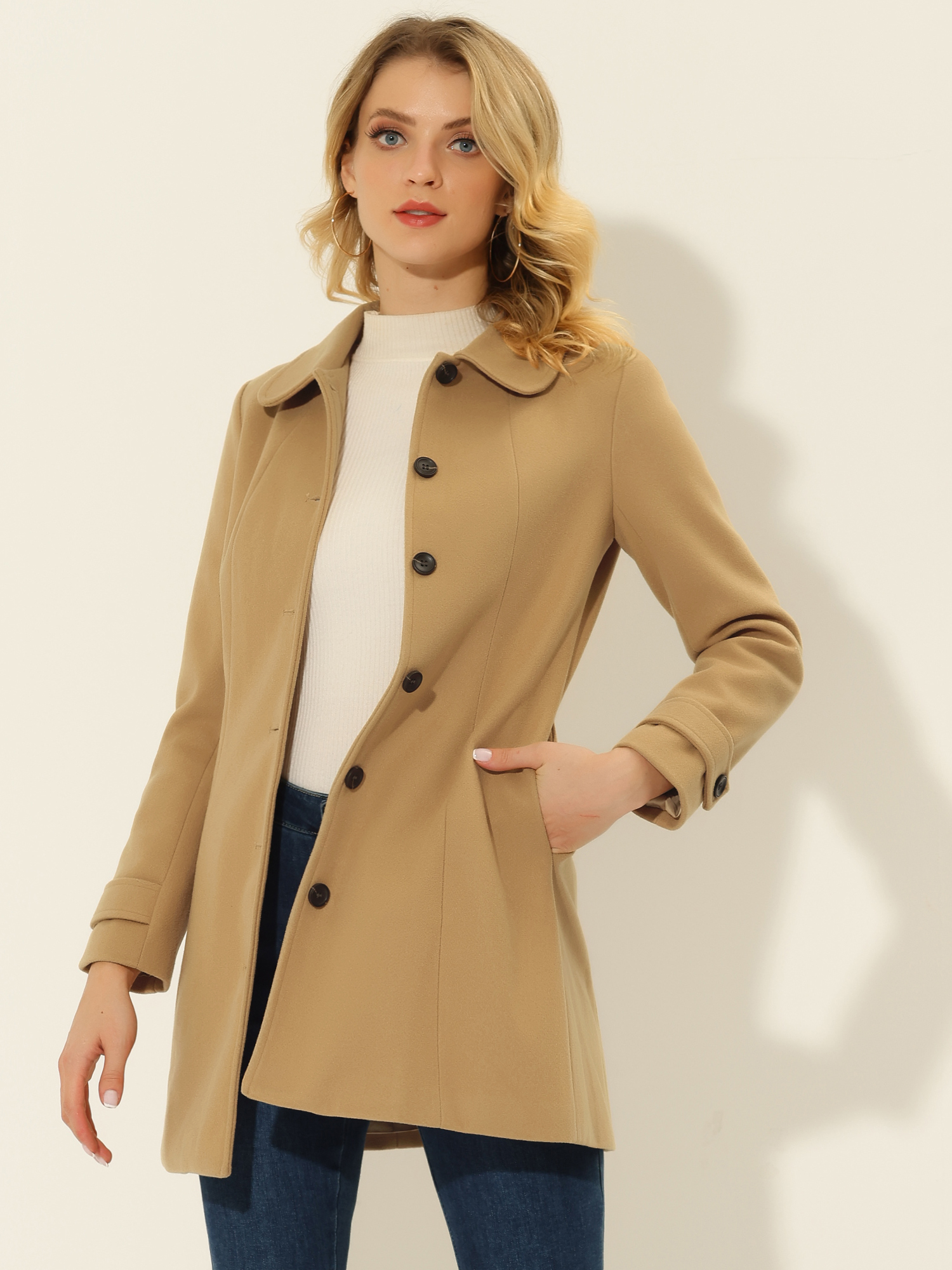 Peter Pan Collar Single Breasted Overcoat Winter Pea Coat Solid Khaki/M - Allegra K catalog