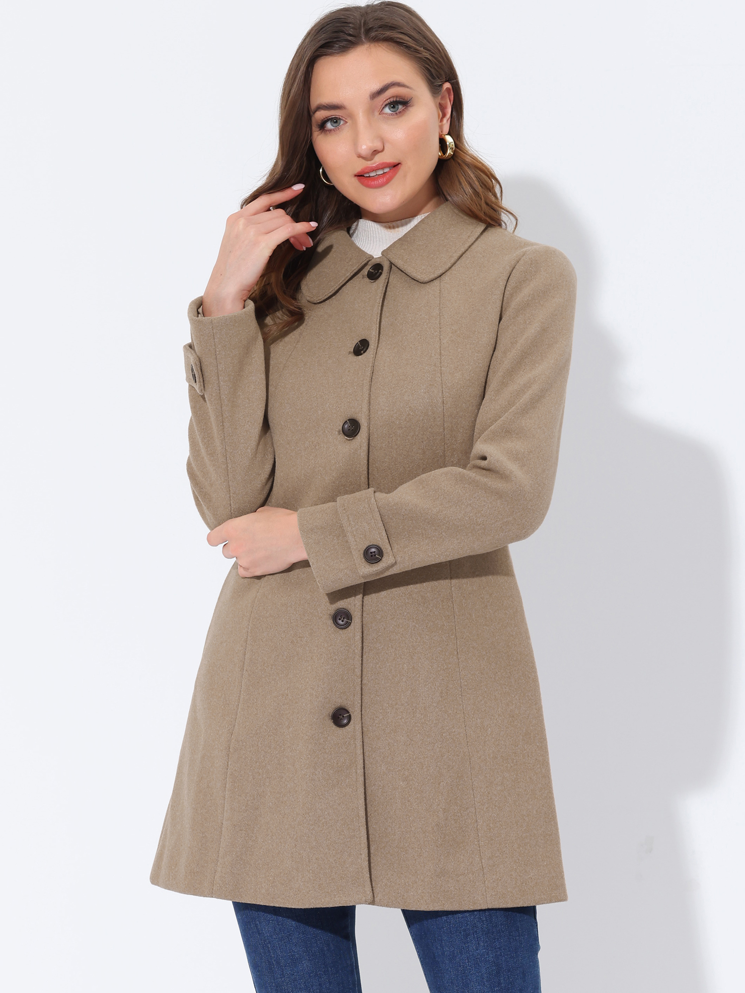 Peter Pan Collar Single Breasted Overcoat Winter Pea Coat Solid Light Brown/M - Allegra K catalog