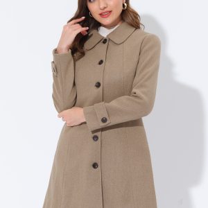 Peter Pan Collar Single Breasted Overcoat Winter Pea Coat Solid Light Brown/XL - Allegra K catalog